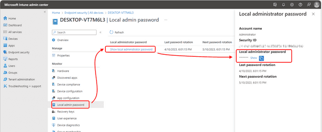 Retrieve the password in Microsoft Intune - Source: Microsoft's docs