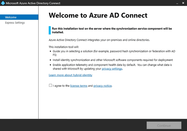 Welcome to Azure AD Connect window