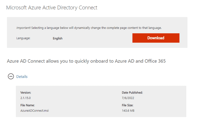 Download page of Azure AD Connect